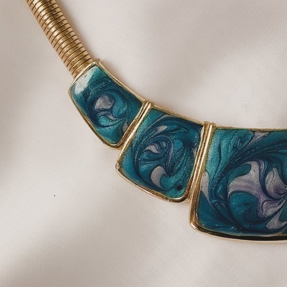 Vintage Art Deco Blue Swirl Enamel Gold Collar Omega Chain Statement Necklace - Picture 4 of 8